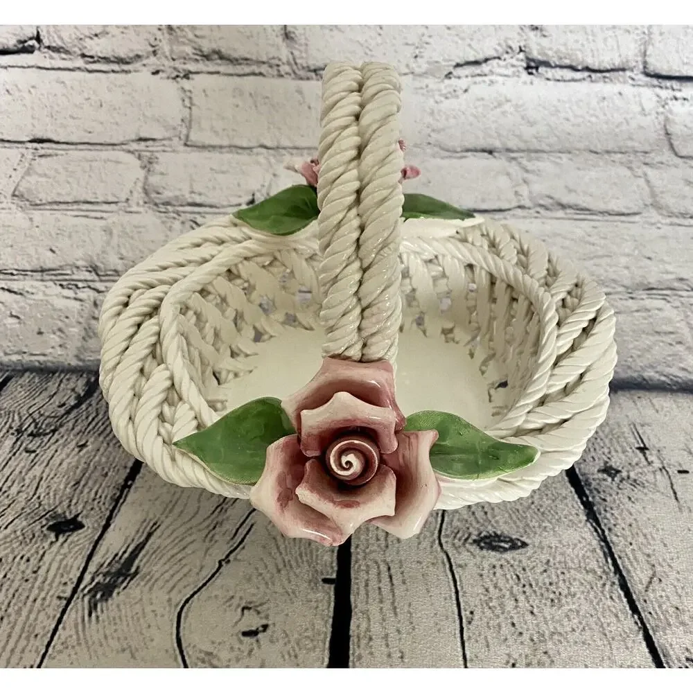 Capodimonte Porcelain Weaved Basket With Handle And Roses Made‎ In Italy